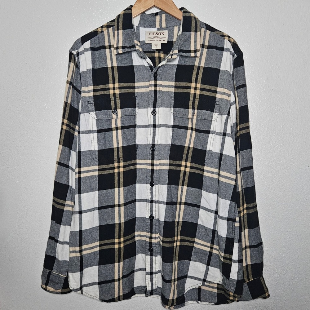 Filson Mens Large Plaid‎ Button Down Shirt Black Tan White Flannel